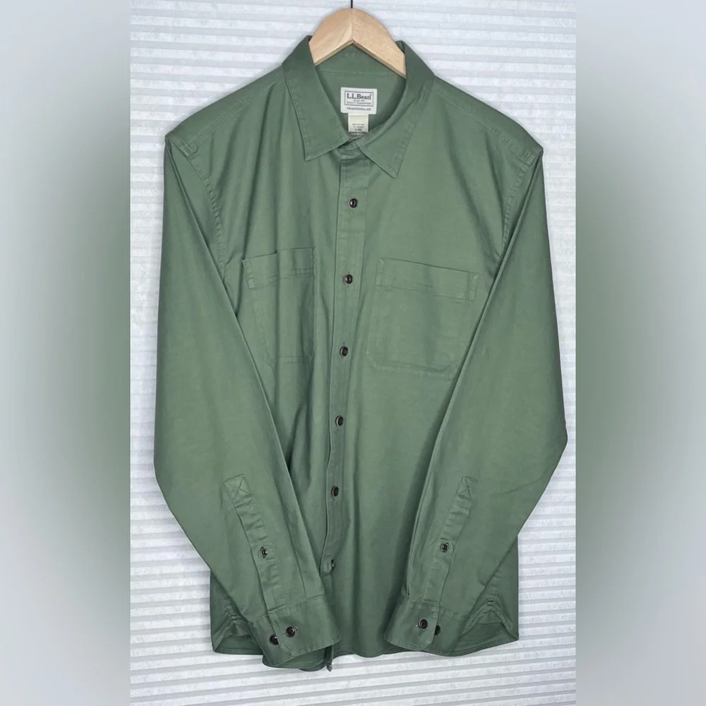 LL Bean BeanFlex® Twill Shirt, Traditional Untucked Fit, Long-Sleeve S REG Green - Picture 1 of 12